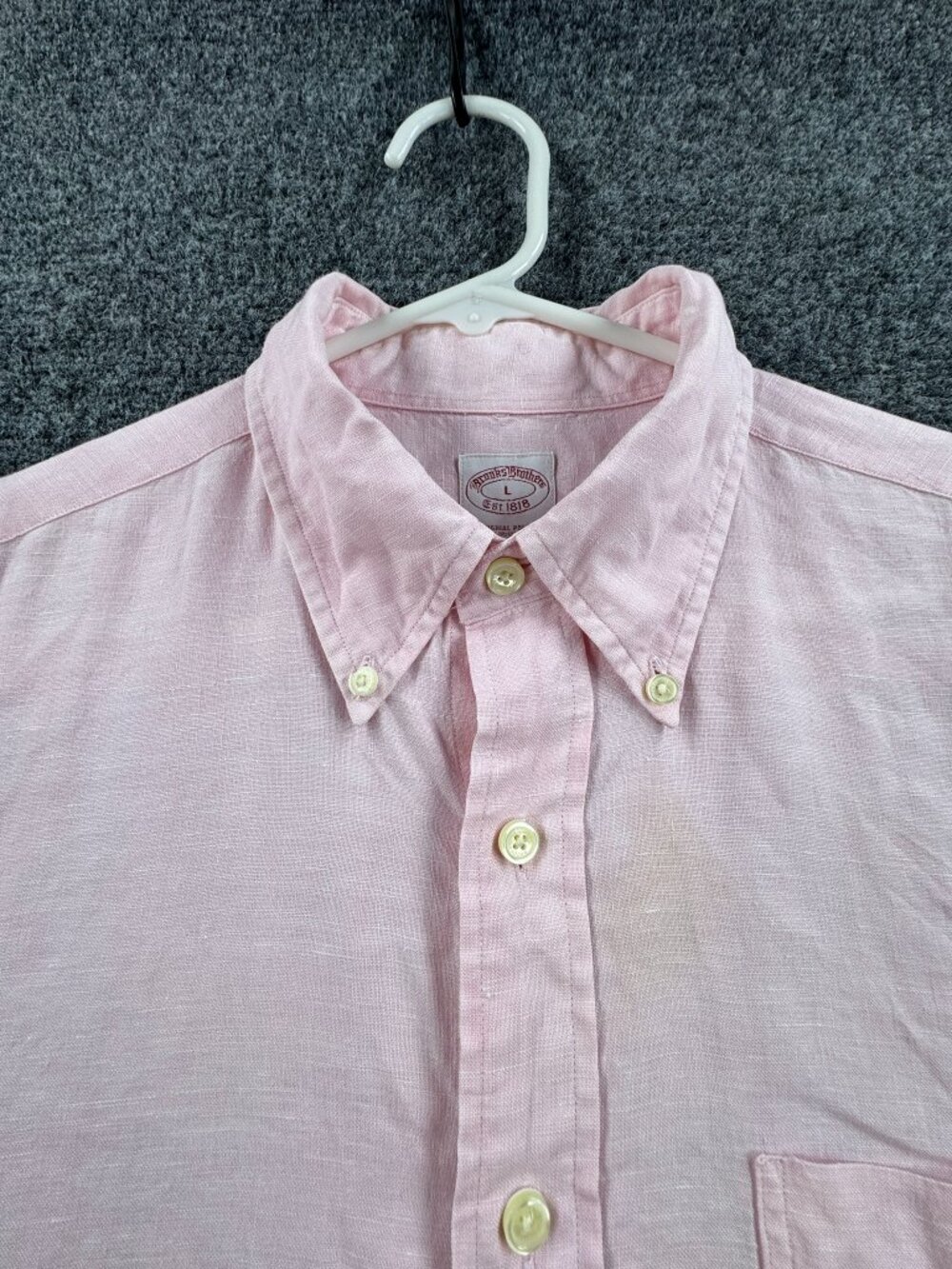 Brooks Brothers *** Button-Down Irish Linen Large Pink Men Solid Pocket Shirt